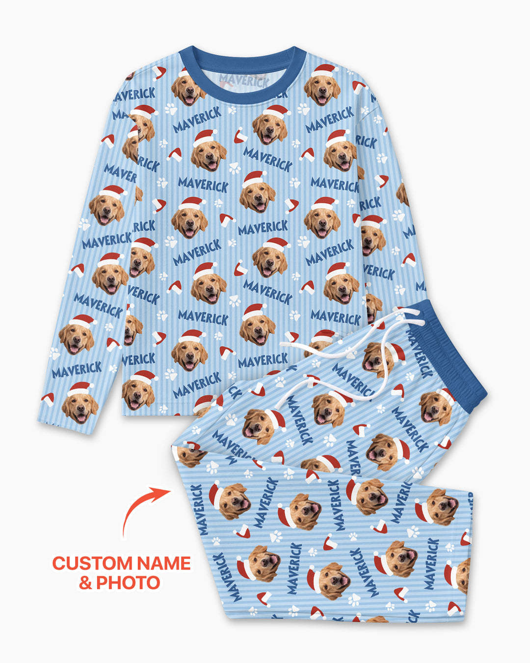 Custom Pet Photo Christmas Paws Stripe Bamboo Men's Pajama Set