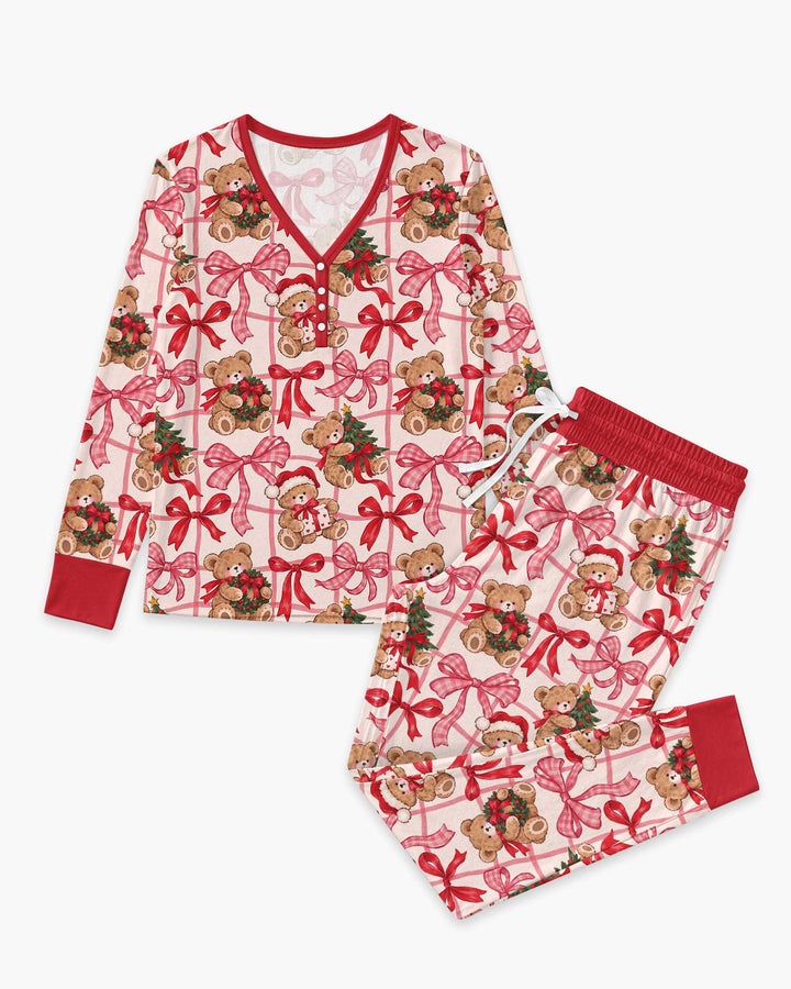 Pink Christmas Teddy Bear Plaid Mommy & Me Matching Bamboo Women Pajama Set