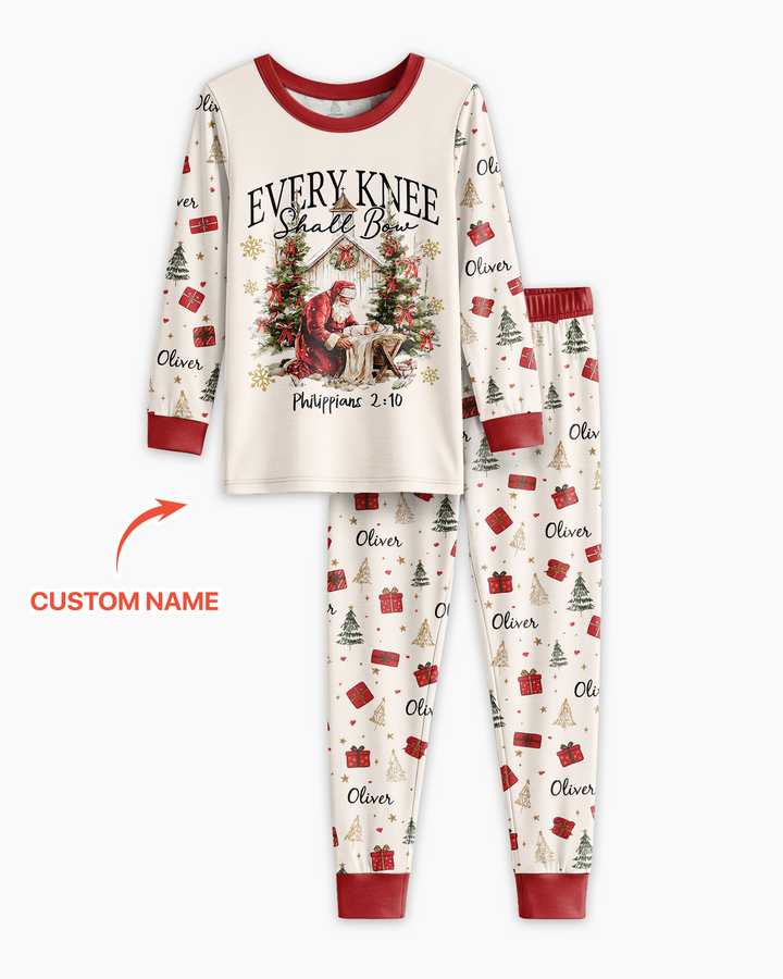 Every Knee Shall Bow Custom Name Mommy And Me Matching Bamboo Two Piece Long Sleeve Pajama Set