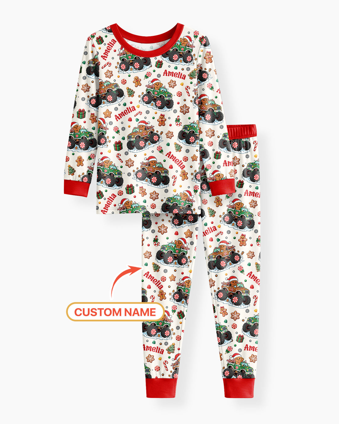 Custom Name Monster Truck Gingerbread Bamboo Two Piece Long Sleeve Pajama Set