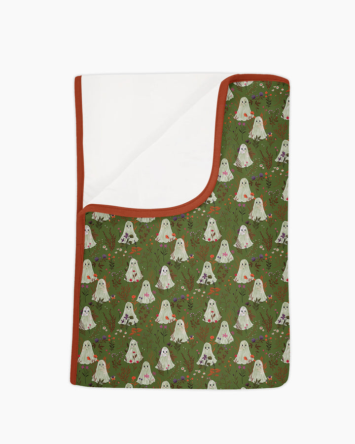 Cute Ghost Halloween Moss Green Floral Bamboo Blanket