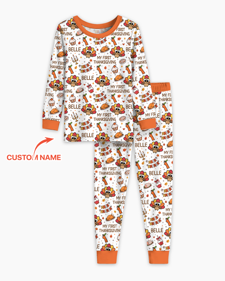 Custom Name Doodle Turkey My First Thanksgiving Bamboo Two Piece Long Sleeve Pajama Set