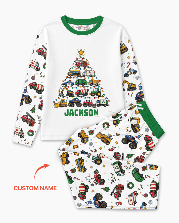 Custom Name Little Trucks Christmas Tree Bamboo Men's Pajama Set