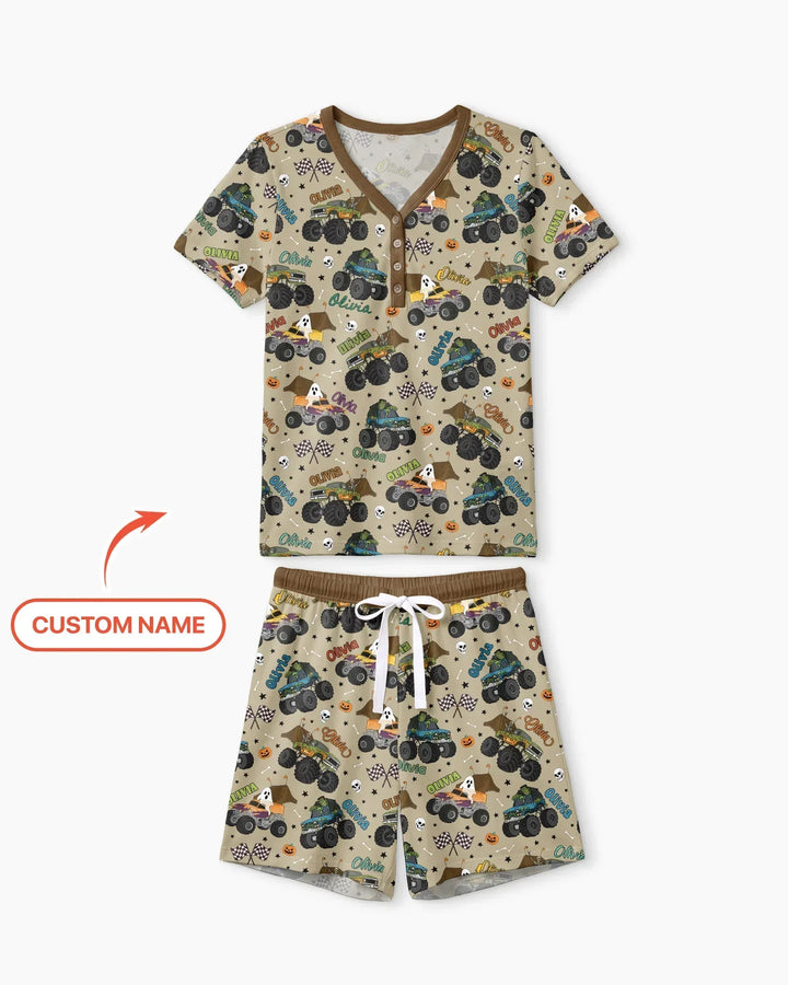 Custom Name Halloween Creepy Crusher Family Matching Bamboo Women Short Sleeve Short Pajama Set