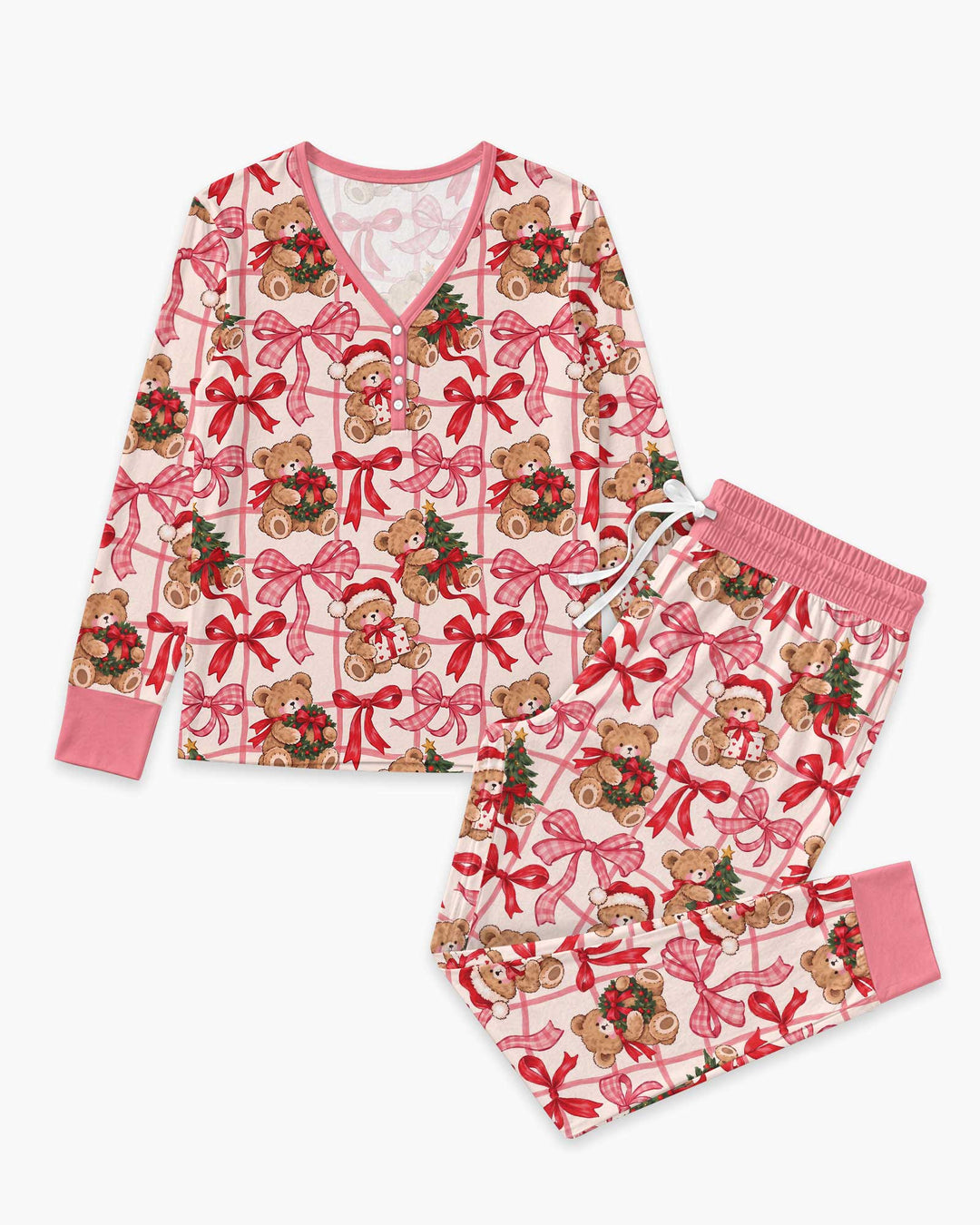 Pink Christmas Teddy Bear Plaid Mommy & Me Matching Bamboo Women Pajama Set
