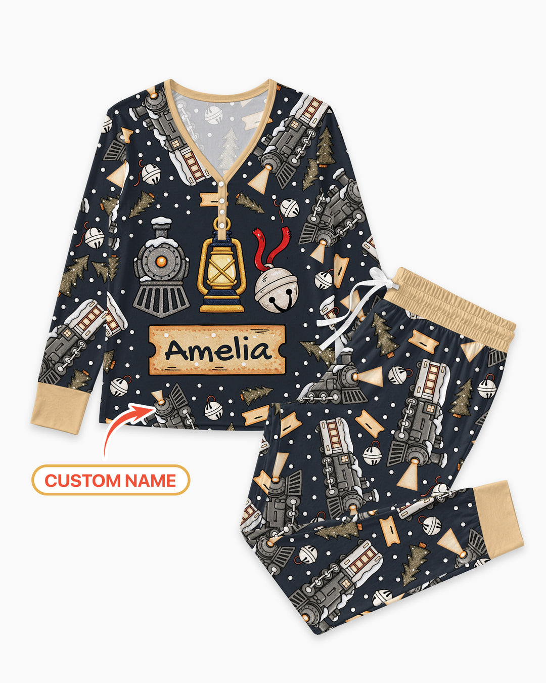 Custom Name Believe Kid Train Bamboo Women Pajama Set