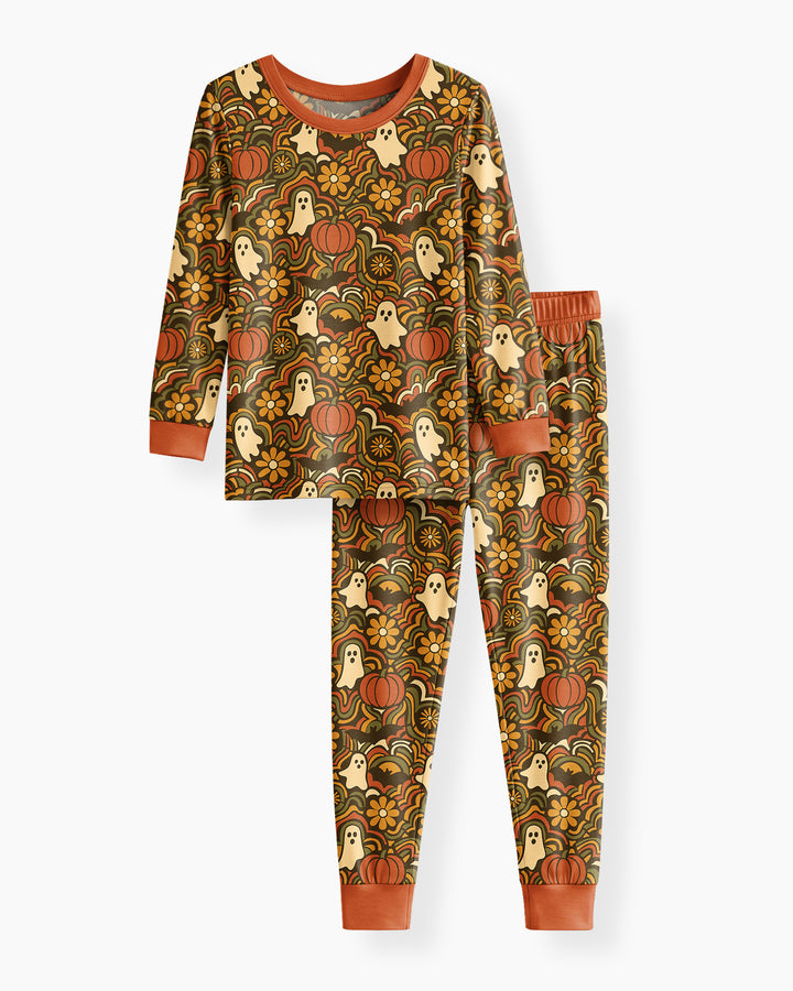 Retro Halloween Ghost Pumpkin Floral Bamboo Two Piece Long Sleeve Pajama Set