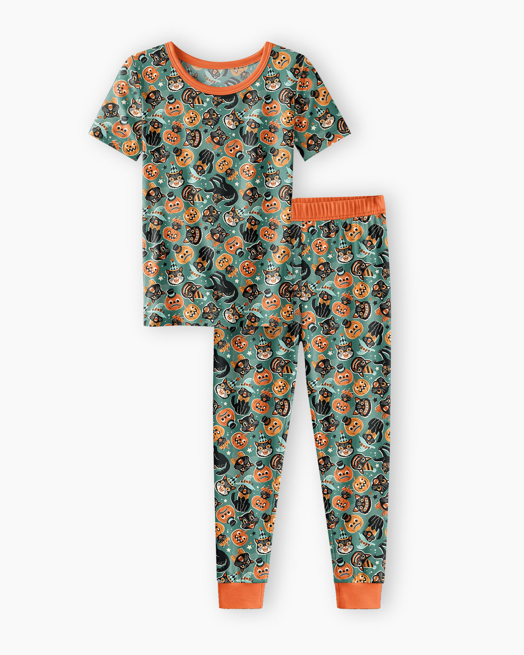 Retro Black Cat Witch Pumpkin Halloween Bamboo Two Piece Short Sleeve Pajama Set