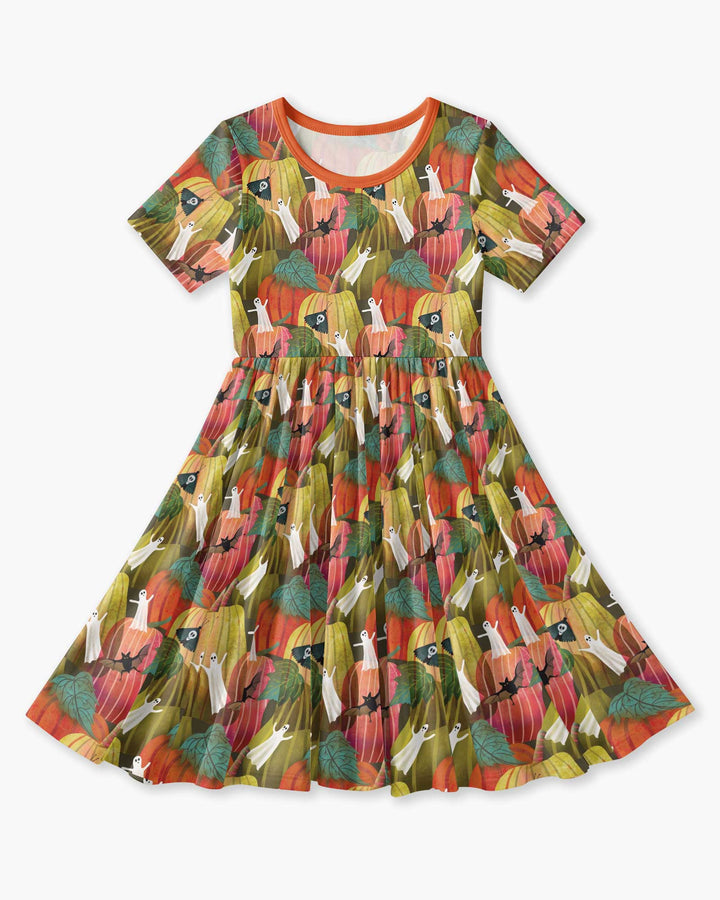 Big Pumpkin Field With Ghosts Bamboo Twirl Dress