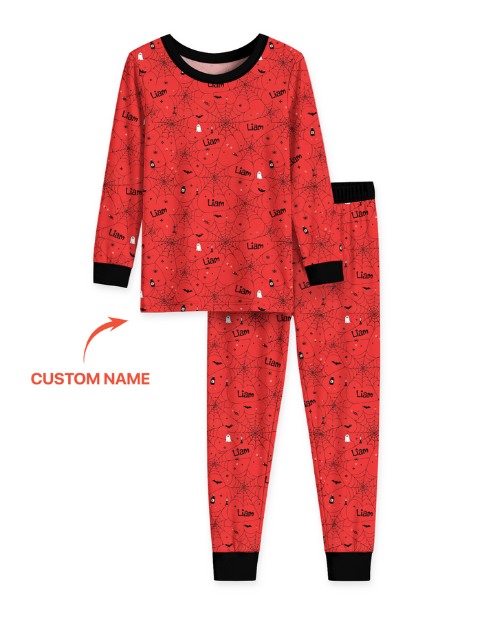 Spooky Spider Web Halloween Custom Name Bamboo Two Piece Long Sleeve Pajama Set