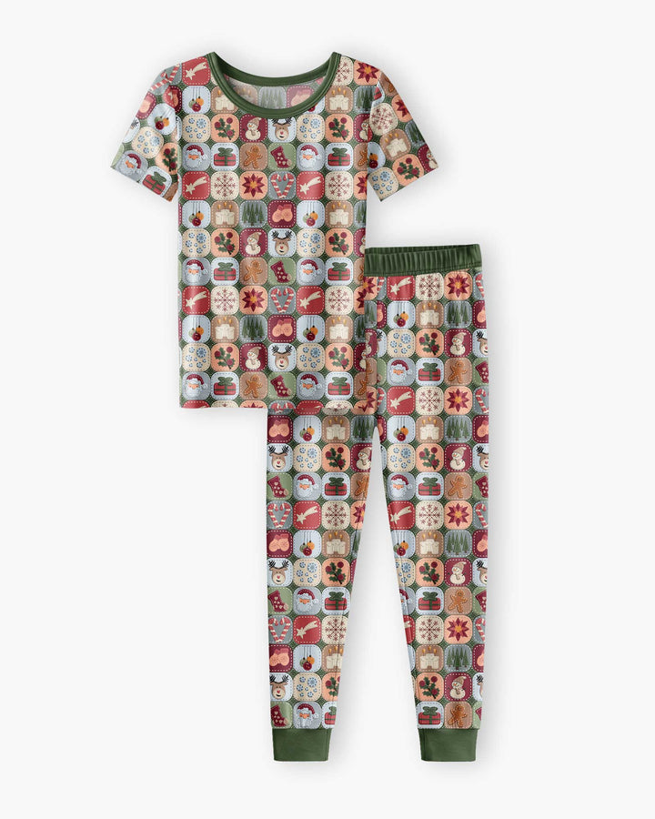 Christmas Felt Patchwork Bamboo Two Piece Short Sleeve Pajama Set