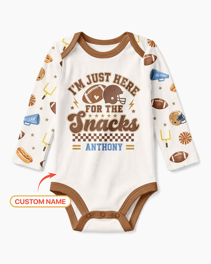 Custom Name Football I'm Just Here For The Snacks Bamboo Bodysuit