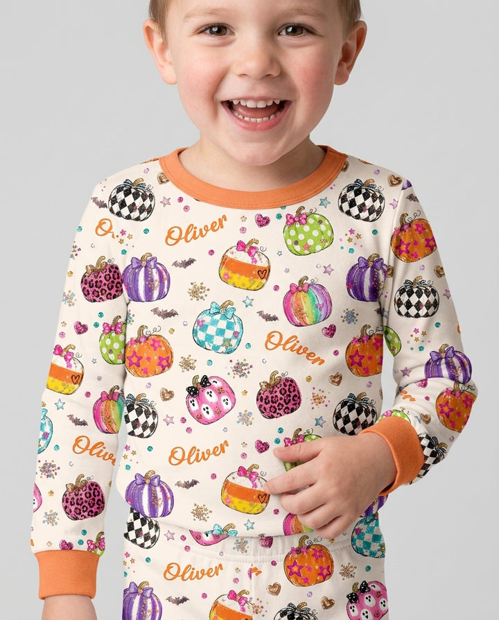 Custom Name Twinkle Pumpkin Bamboo Two Piece Long Sleeve Pajama Set