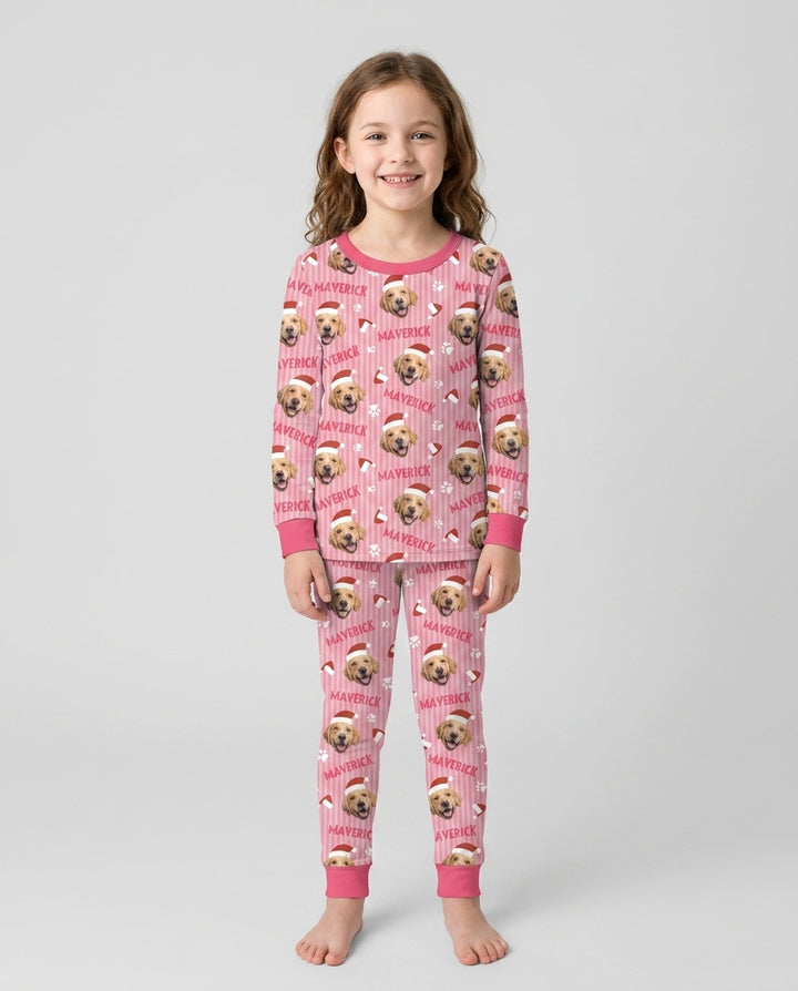 Custom Pet Photo Christmas Paws Stripe Bamboo Two Piece Long Sleeve Pajama Set