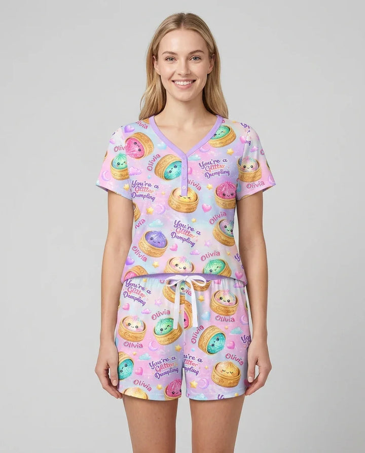 Custom Name You're A Glitter Dumpling Bamboo Women Short Sleeve Short Pajama Set
