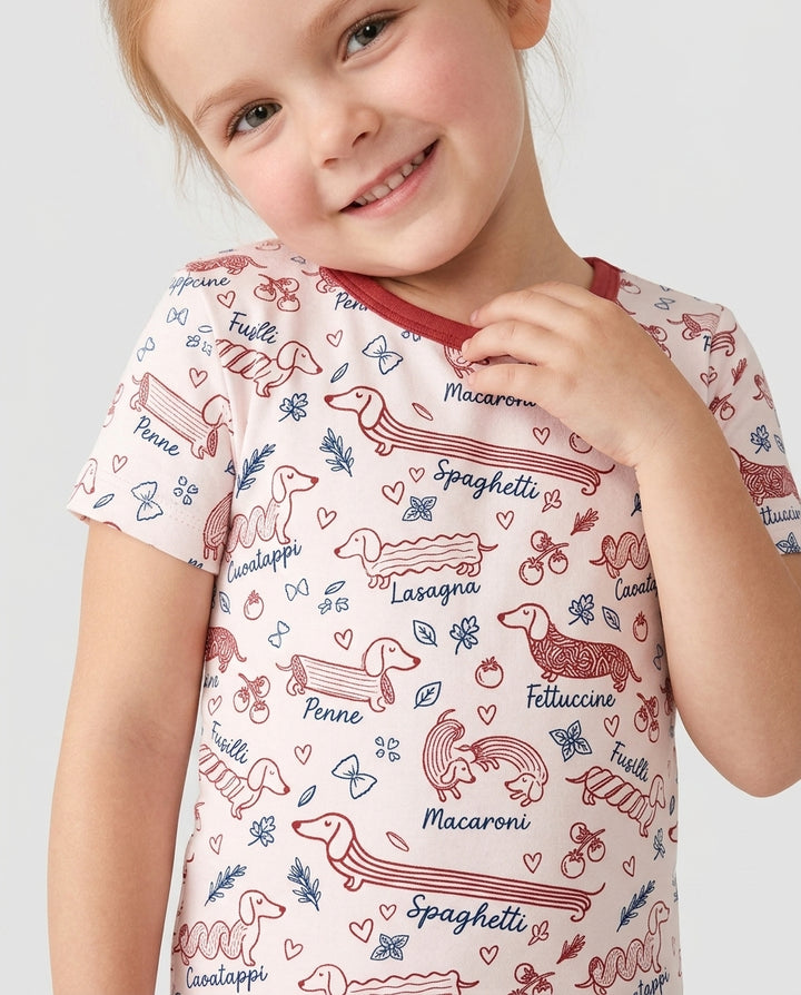 Funny Dachshund Pasta Pups Bamboo Two Piece Short Sleeve Pajama Set