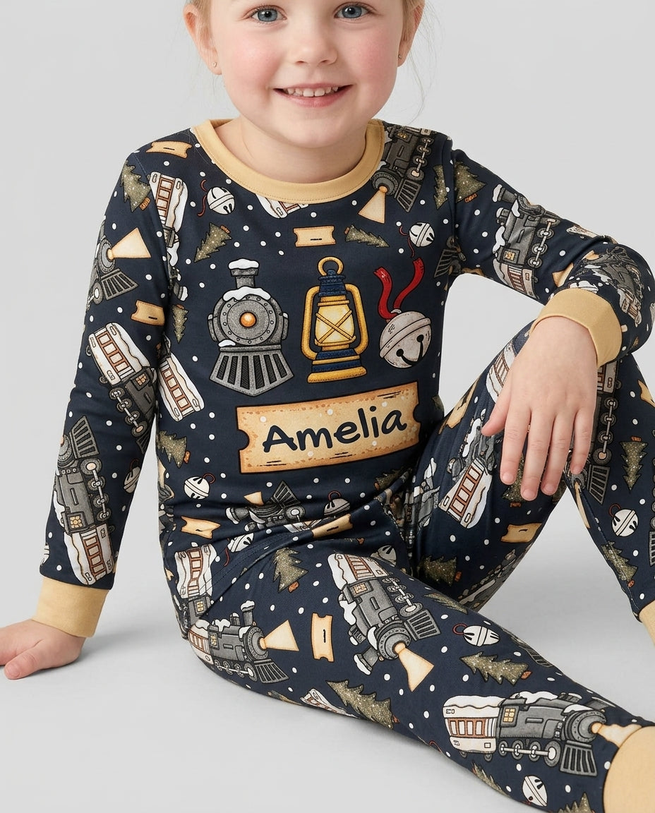 Custom Name Believe Kid Train Bamboo Two Piece Long Sleeve Pajama Set
