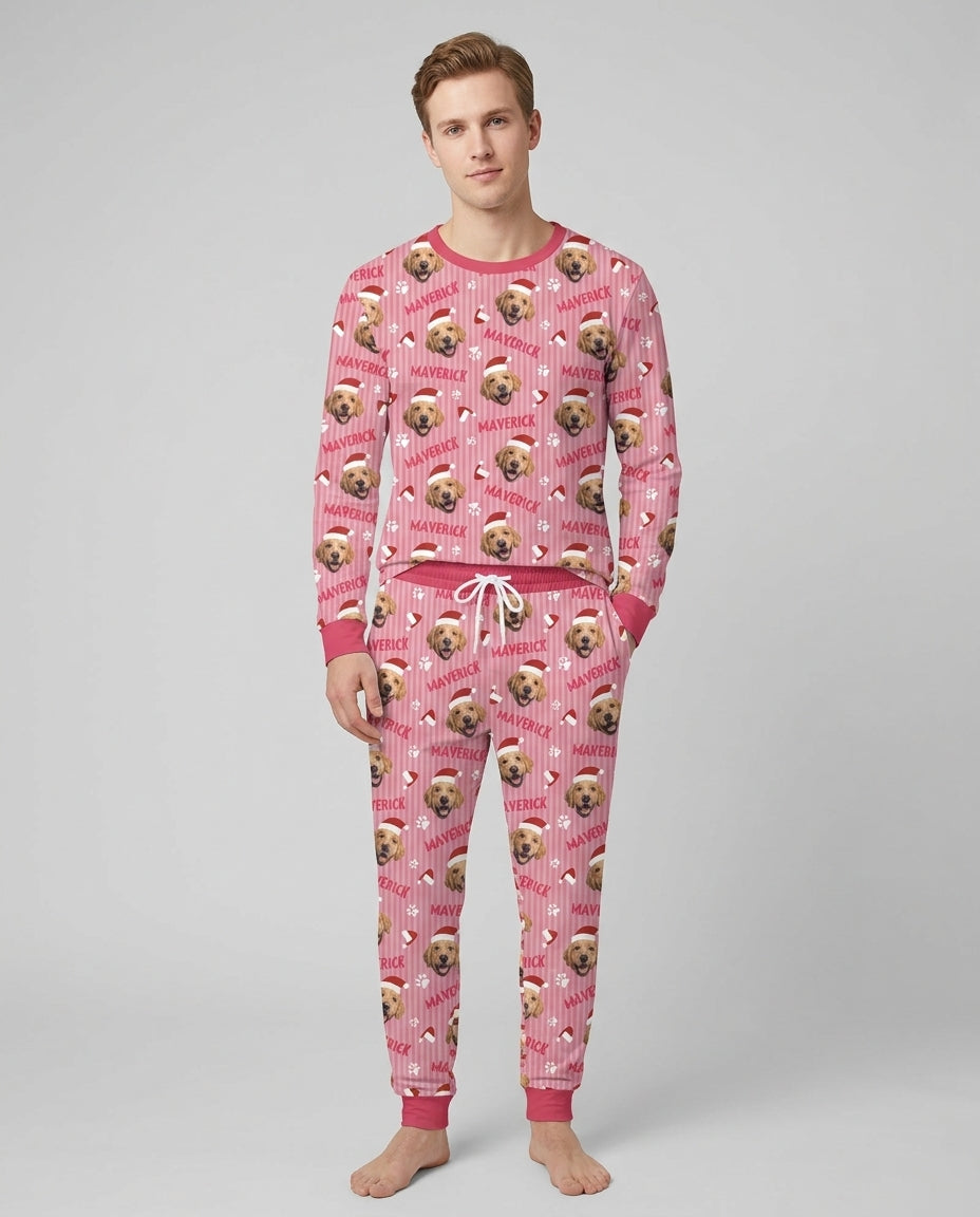 Custom Pet Photo Christmas Paws Stripe Bamboo Men's Pajama Set