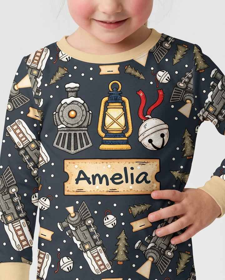 Custom Name Believe Kid Train Bamboo Two Piece Long Sleeve Pajama Set