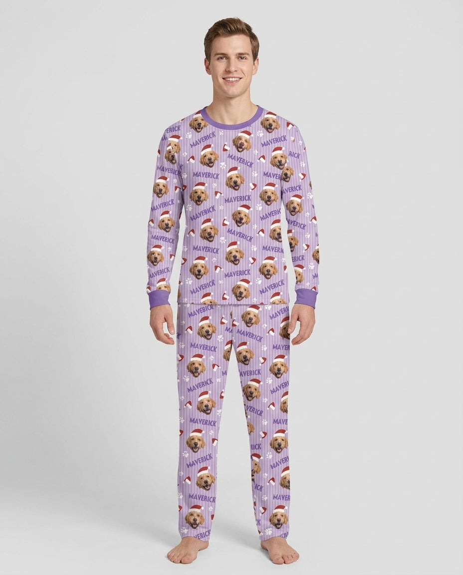 Custom Pet Photo Christmas Paws Stripe Bamboo Men's Pajama Set