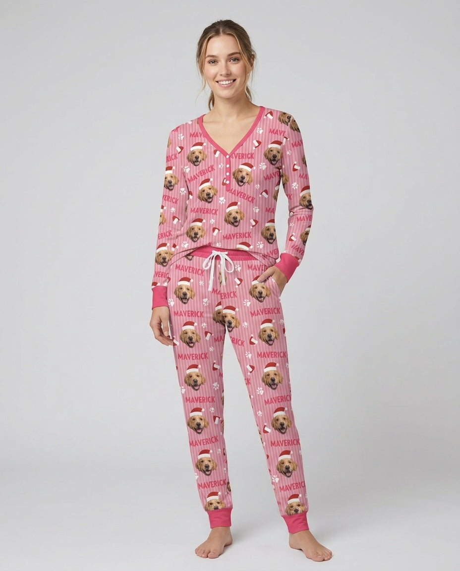 Custom Pet Photo Christmas Paws Stripe Bamboo Women Pajama Set