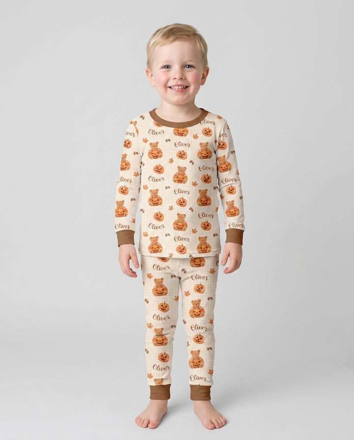 Custom Name Pumpkin Teddy Bamboo Two Piece Long Sleeve Pajama Set