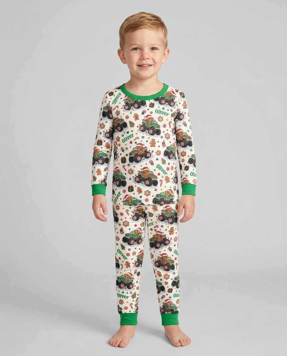 Custom Name Monster Truck Gingerbread Bamboo Two Piece Long Sleeve Pajama Set