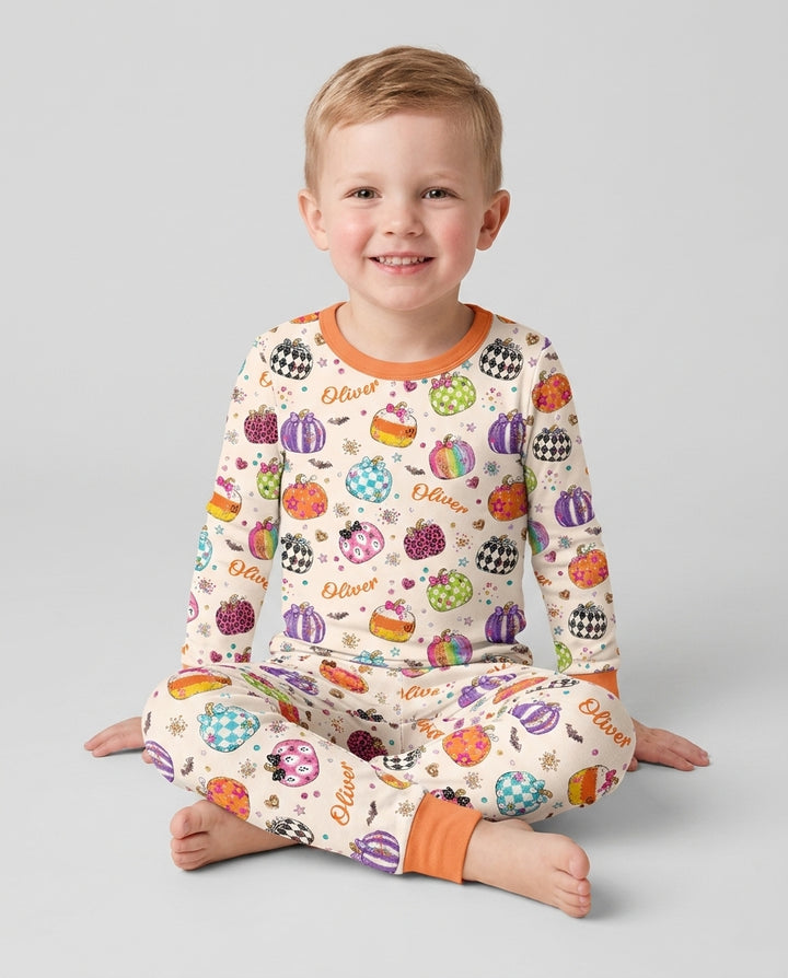 Custom Name Twinkle Pumpkin Bamboo Two Piece Long Sleeve Pajama Set