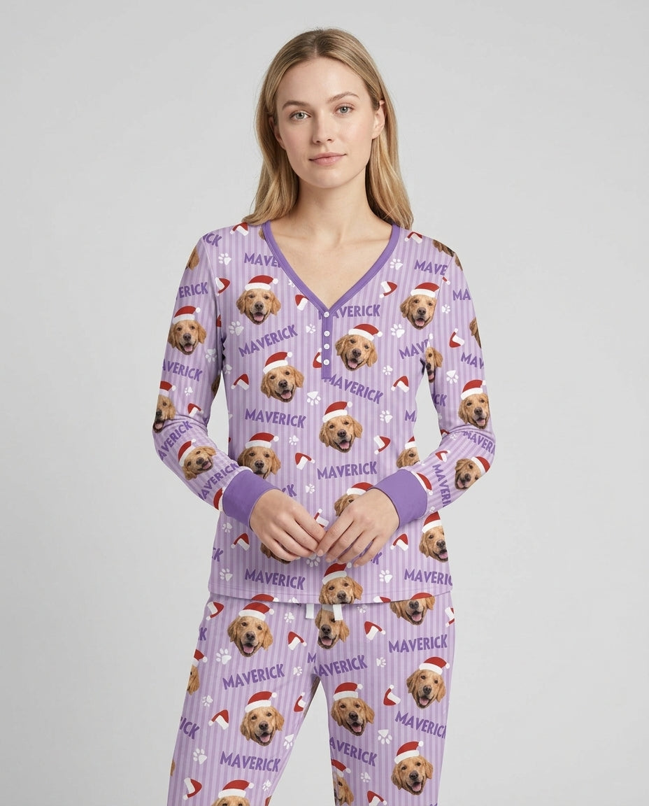 Custom Pet Photo Christmas Paws Stripe Bamboo Women Pajama Set
