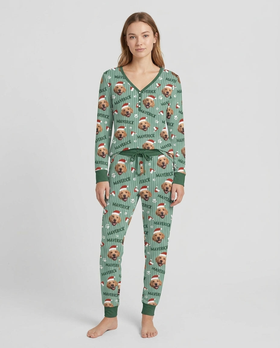 Custom Pet Photo Christmas Paws Stripe Bamboo Women Pajama Set