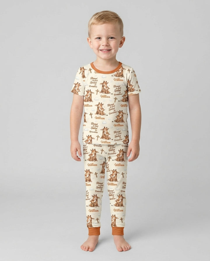 Custom Name Blessed By God Spoiled By Grandma Bamboo Two Piece Short Sleeve Pajama Set