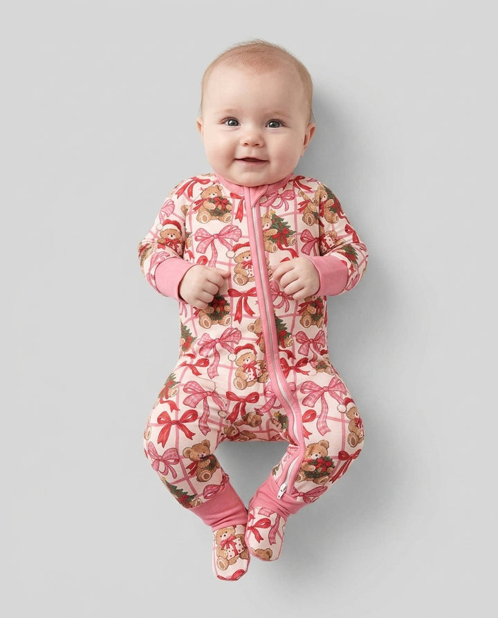 Pink Christmas Teddy Bear Plaid Mommy & Me Matching Bamboo Convertible Zippy