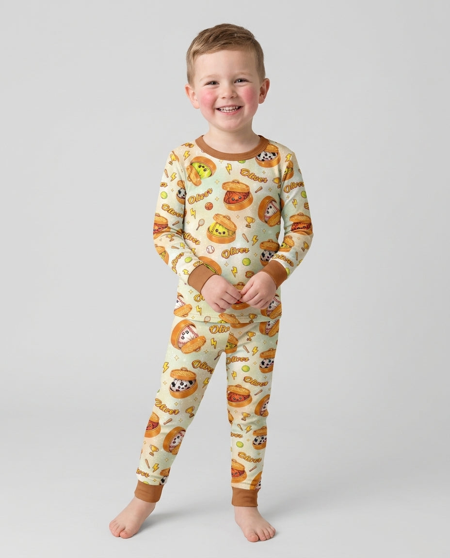 Custom Name Sports Dumpling Bamboo Two Piece Long Sleeve Pajama Set