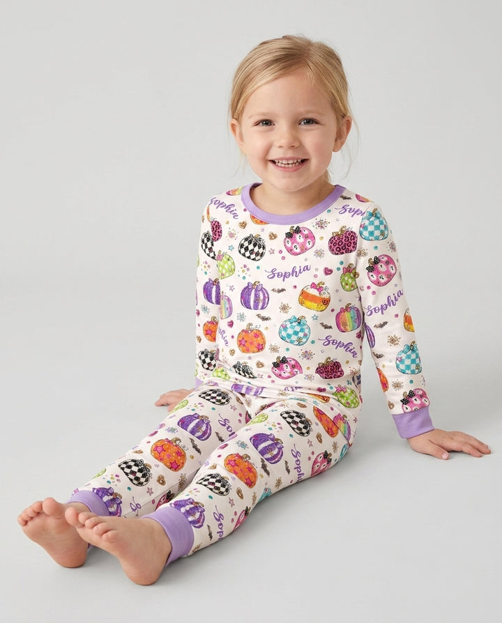 Custom Name Twinkle Pumpkin Bamboo Two Piece Long Sleeve Pajama Set