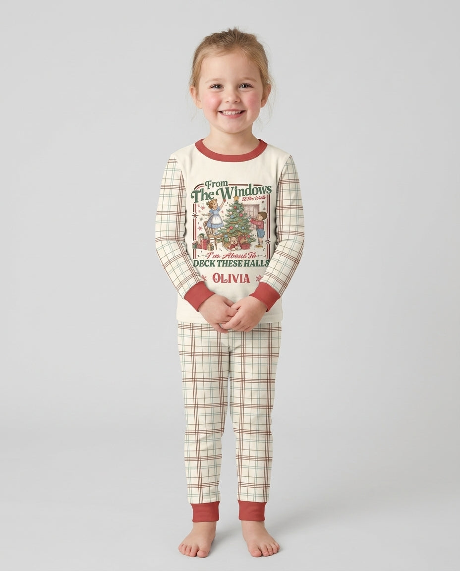 Custom Name Vintage Deck The Halls Bamboo Two Piece Long Sleeve Pajama Set