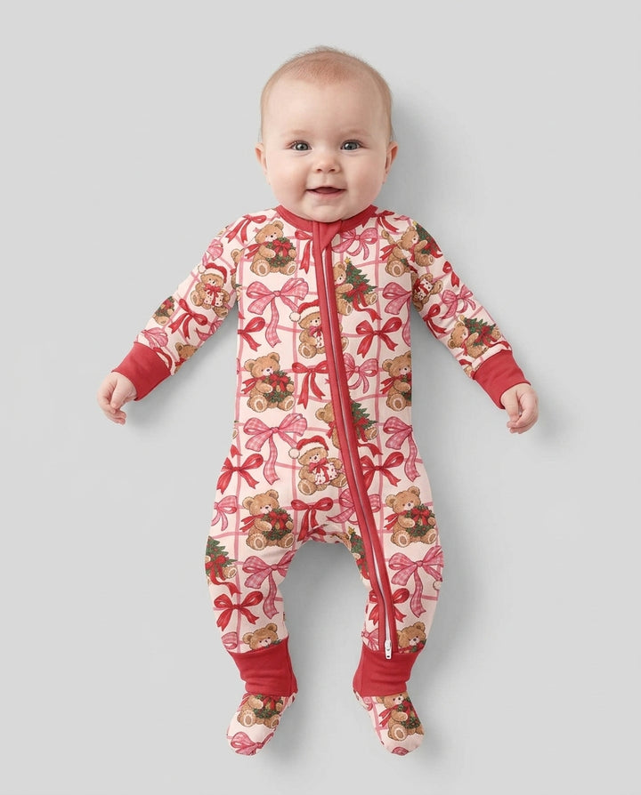 Pink Christmas Teddy Bear Plaid Mommy & Me Matching Bamboo Convertible Zippy