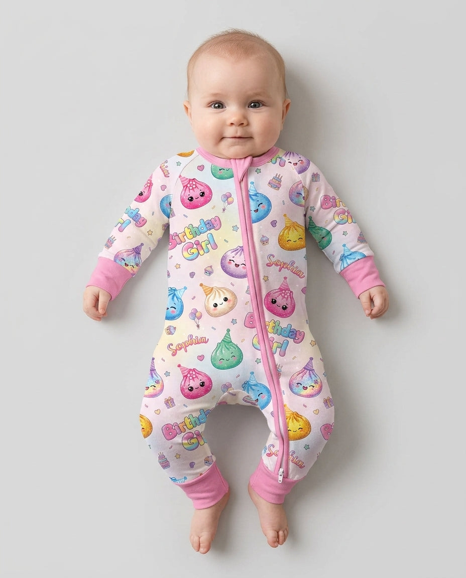 Custom Name Glitter Dumpling Birthday Girl Bamboo Convertible Zippy