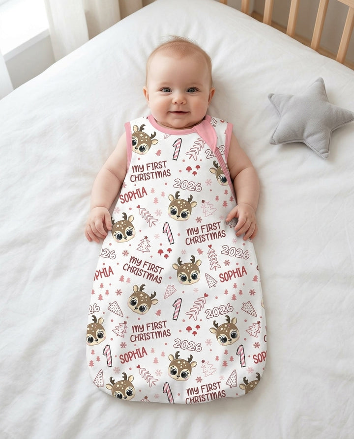 Custom Name Reindeer Doodle My First Christmas Bamboo Sleep Bag