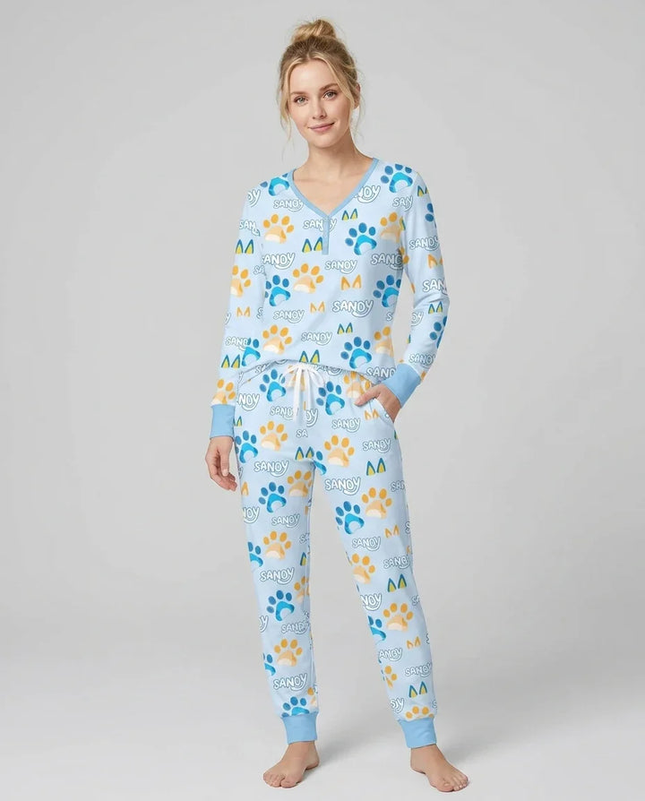 Benutzerdefinierter Name Lieblings-blaue Hunde-Familien-Pyjama-Set aus Bambus für Damen