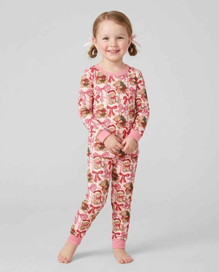 Pink Christmas Teddy Bear Plaid Mommy & Me Matching Bamboo Two Piece Long Sleeve Pajama Set