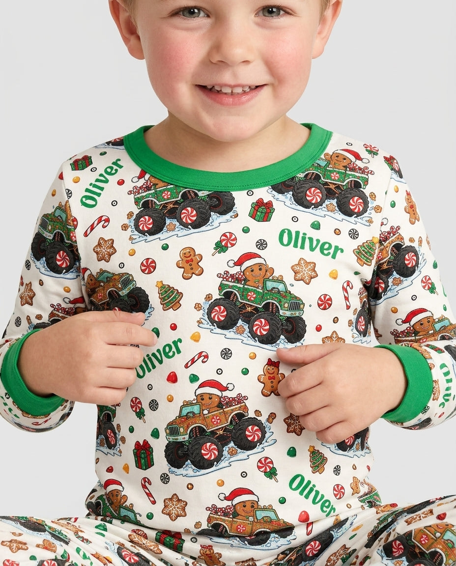 Custom Name Monster Truck Gingerbread Bamboo Two Piece Long Sleeve Pajama Set
