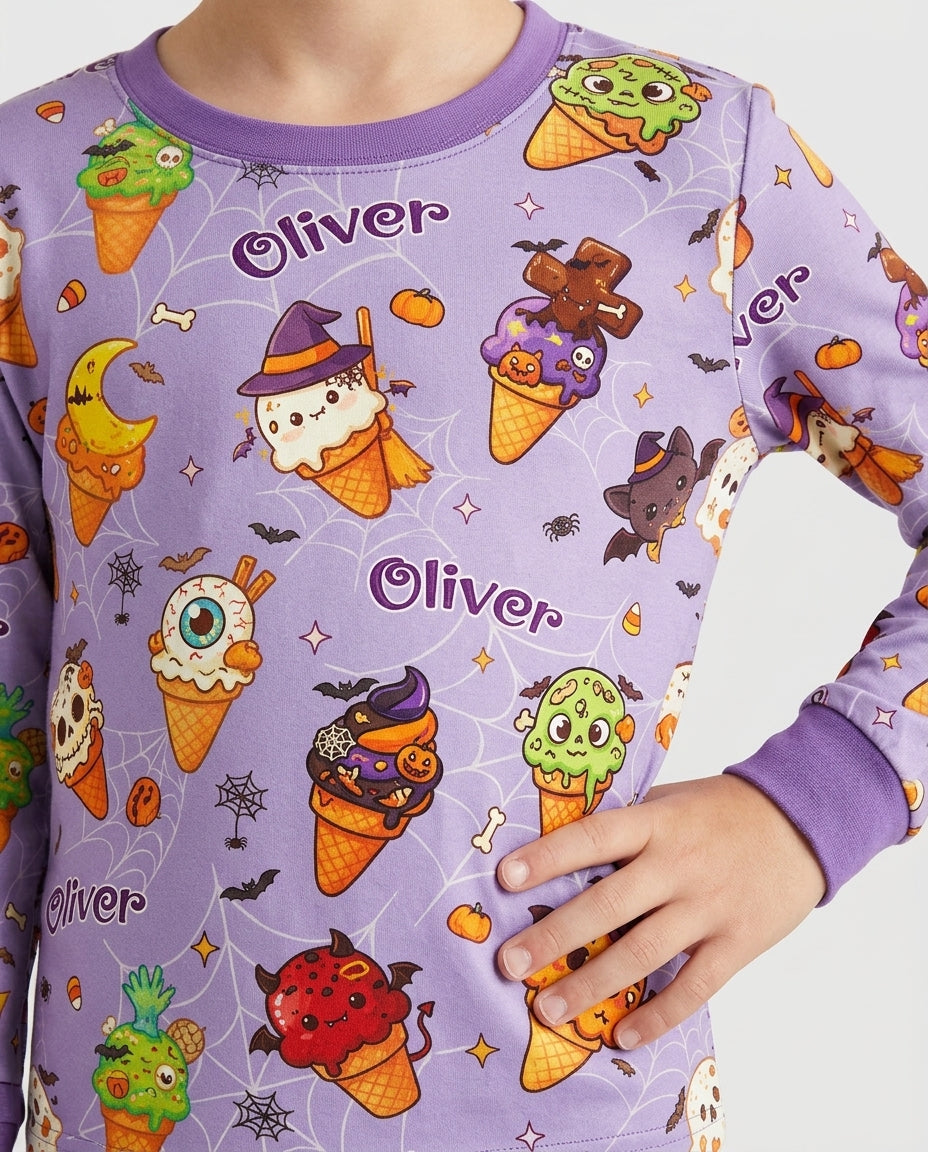 Custom Name Halloween Ice Cream Bamboo Two Piece Long Sleeve Pajama Set