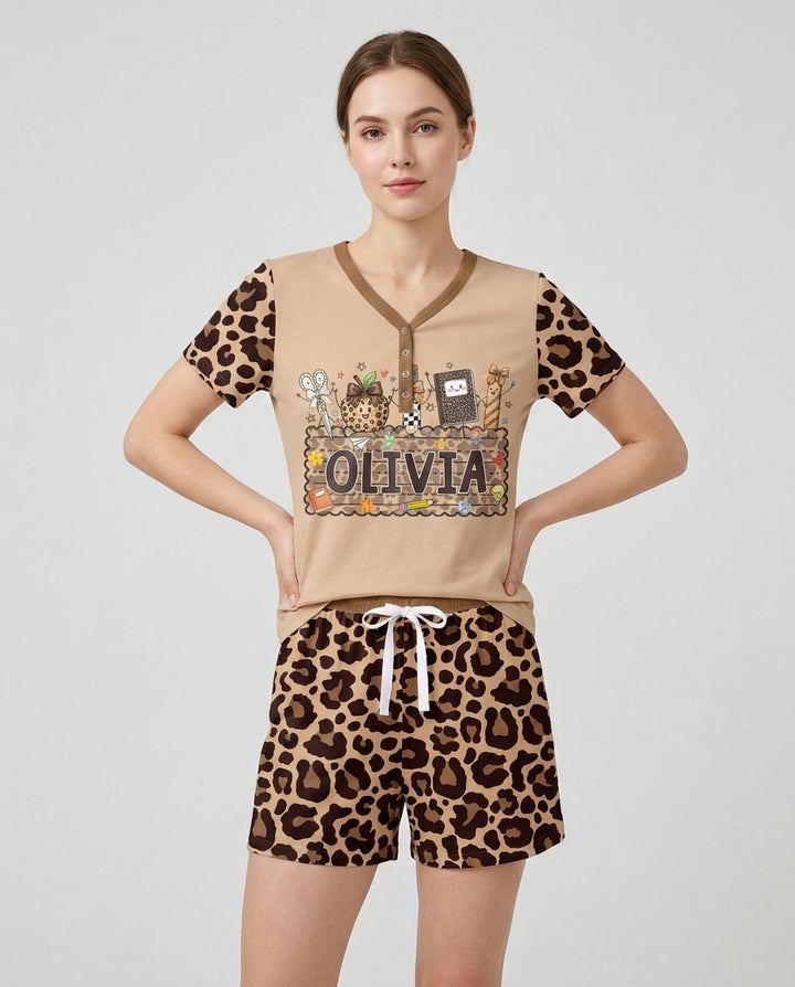 Custom Name School Sweetheart Leopard Bamboo Women Short Sleeve Short Pajama Set