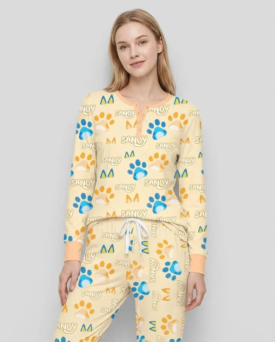Benutzerdefinierter Name Lieblings-blaue Hunde-Familien-Pyjama-Set aus Bambus für Damen