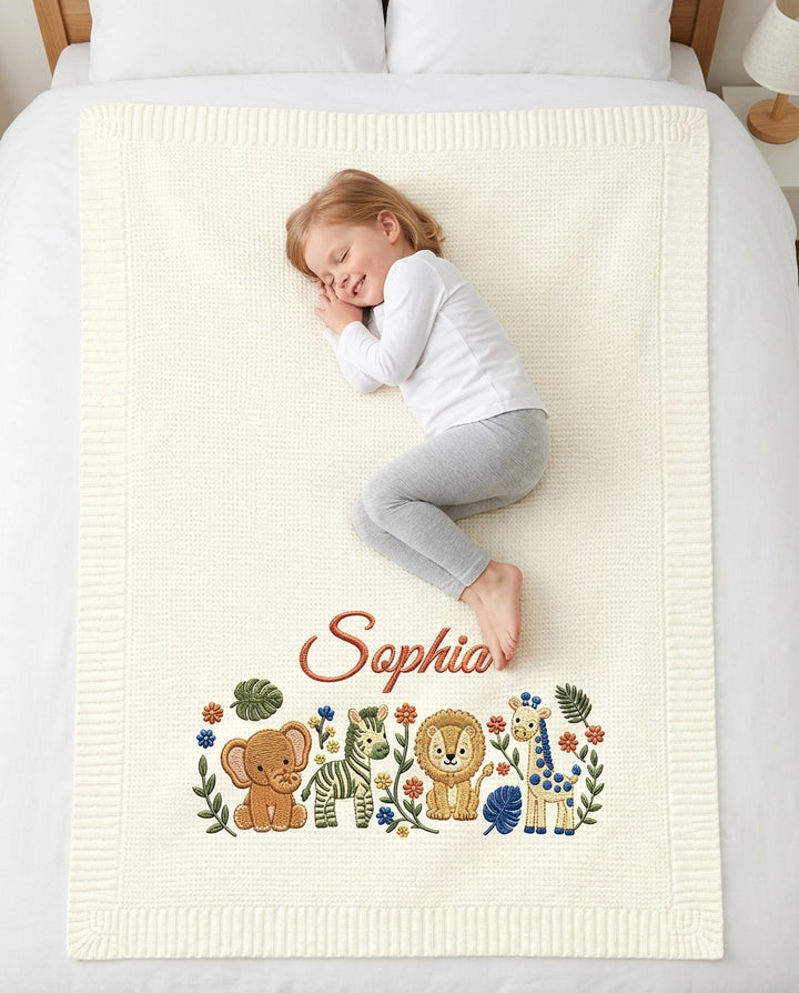 Safari Animal Embroidered Baby Cotton Blanket