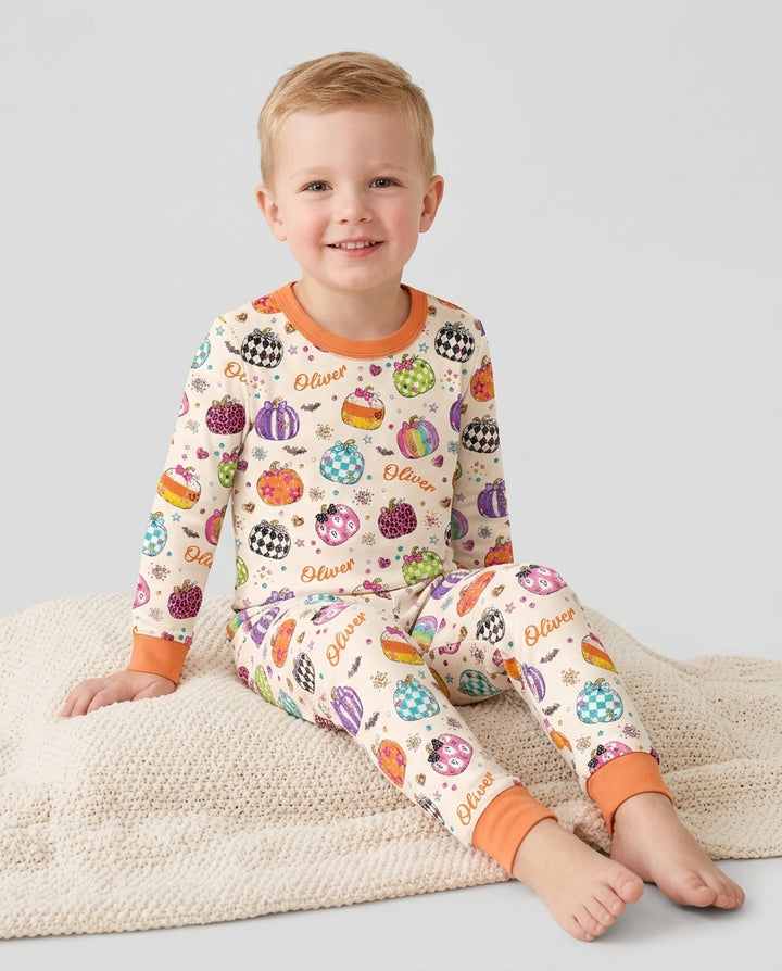 Custom Name Twinkle Pumpkin Bamboo Two Piece Long Sleeve Pajama Set