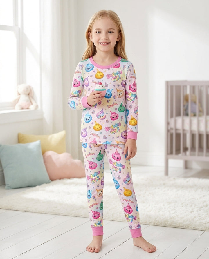 Custom Name Glitter Dumpling Birthday Girl Bamboo Two Piece Long Sleeve Pajama Set
