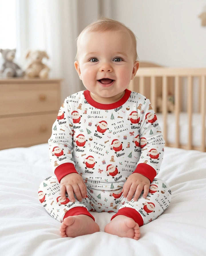 Custom Name My Very First Christmas Santa  Bamboo Two Piece Long Sleeve Pajama Set