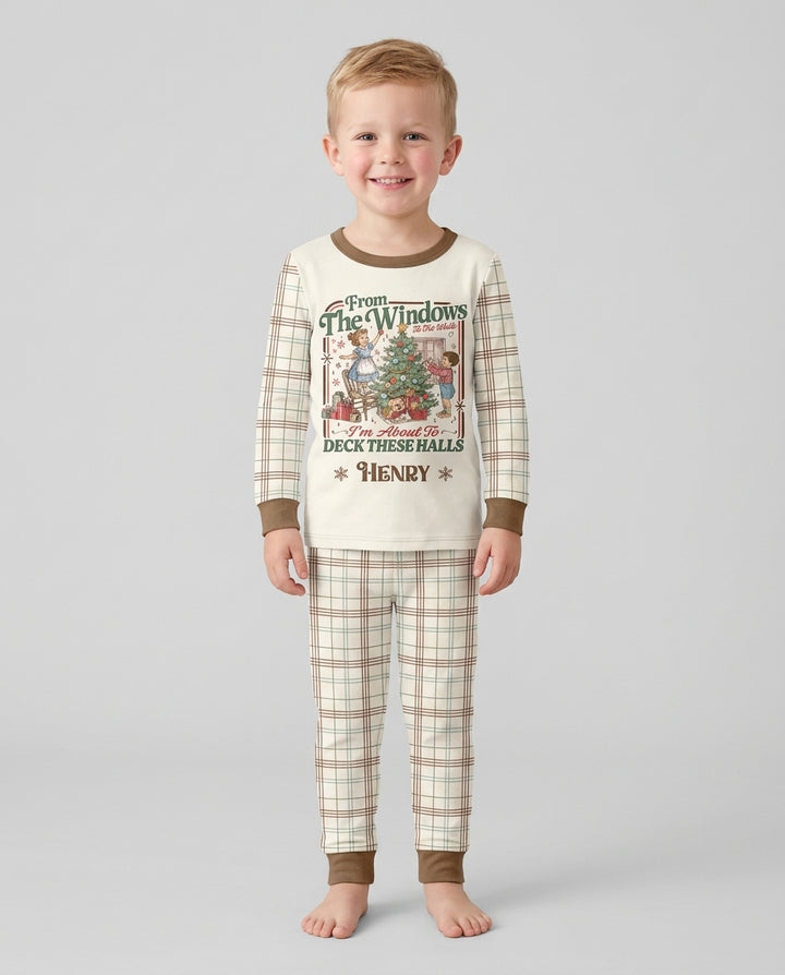 Custom Name Vintage Deck The Halls Bamboo Two Piece Long Sleeve Pajama Set