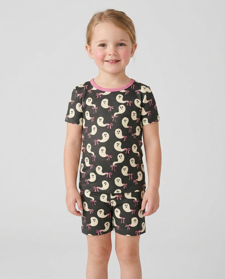 Little Ghosts Zweiteiliger Schlafanzug aus Bambus mit kurzen Ärmeln und Shorts für Halloween